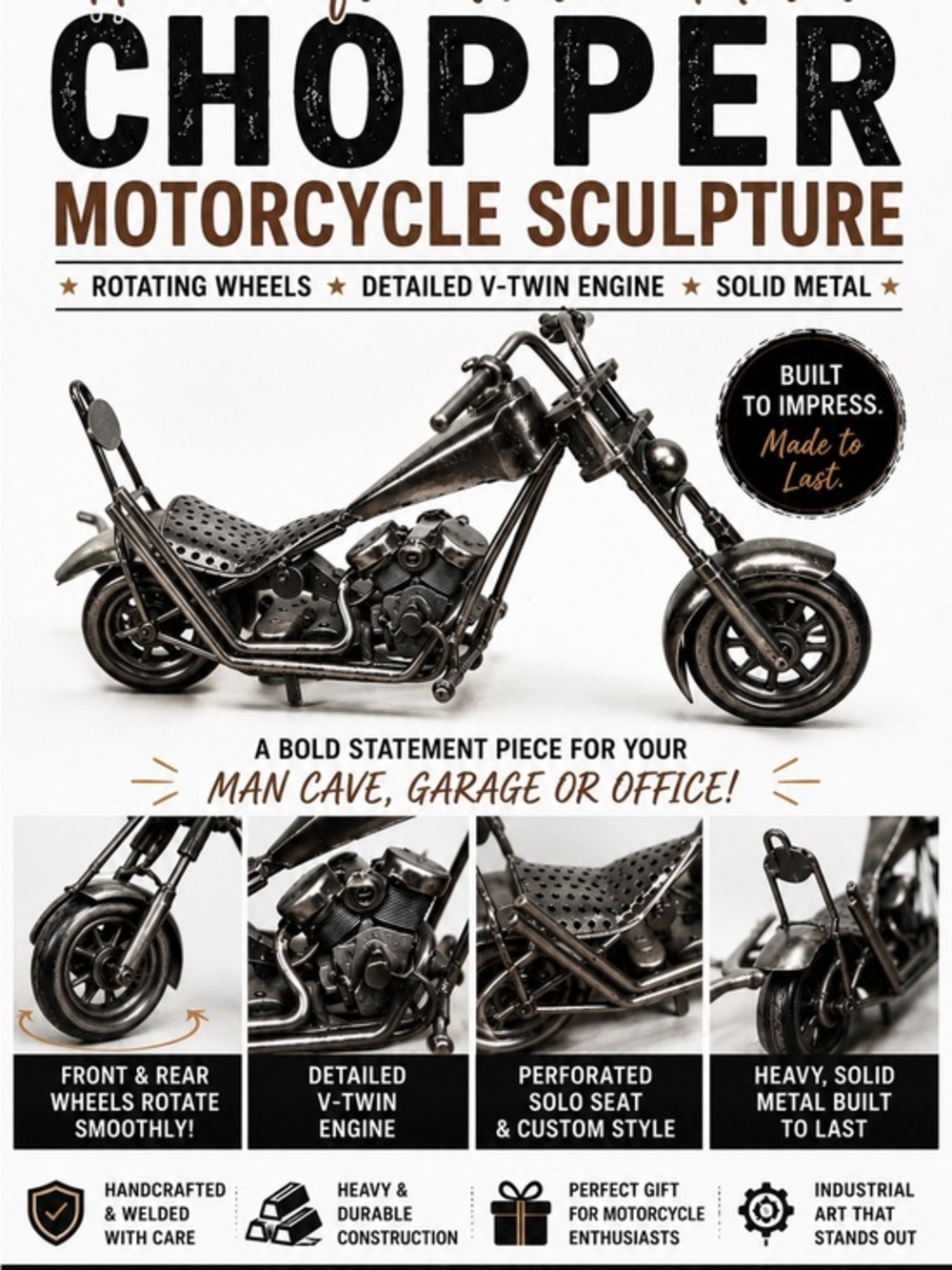 Handcrafted Welded Metal Chopper Motorcycle Sculpture Industrial Man Cave Decor